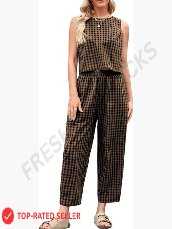 Pants - Cotton Linen Matching Set Tank Top Palazzo Pants Casual Lounge Outfit
